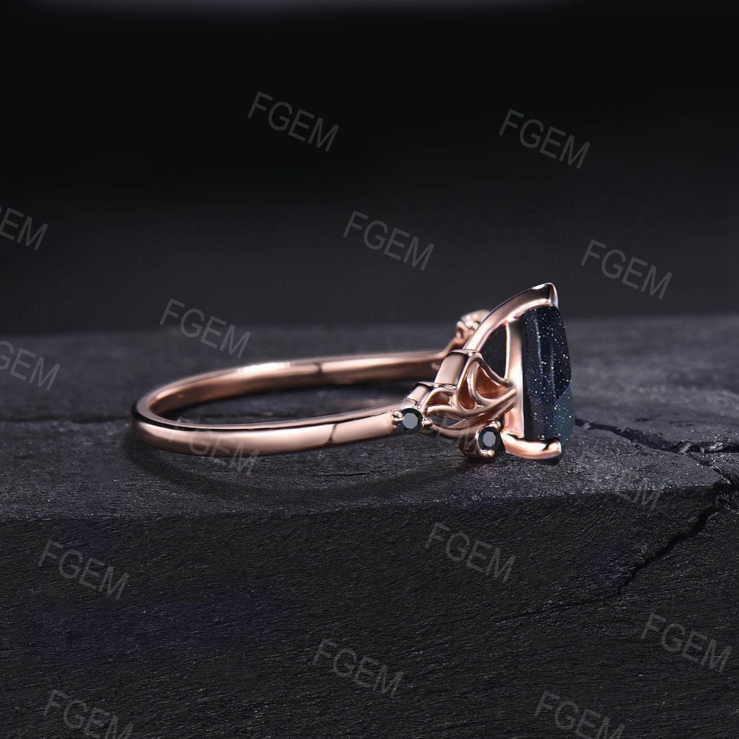 Sailor Moon Inspired Engagement ring 1.25ct Pear Blue Sandstone ring 10k Rose Gold Bowknot Blue Engagement Ring Cluster Black Wedding Ring
