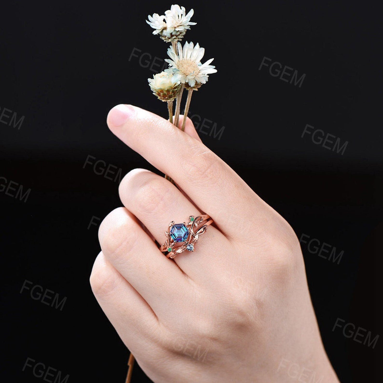 Nature Inspired Alexandrite Moonstone Ring Set 1ct Hexagon Color-Change Alexandrite Engagement Ring Set Leaf Branch Bridal Set Wedding Gifts