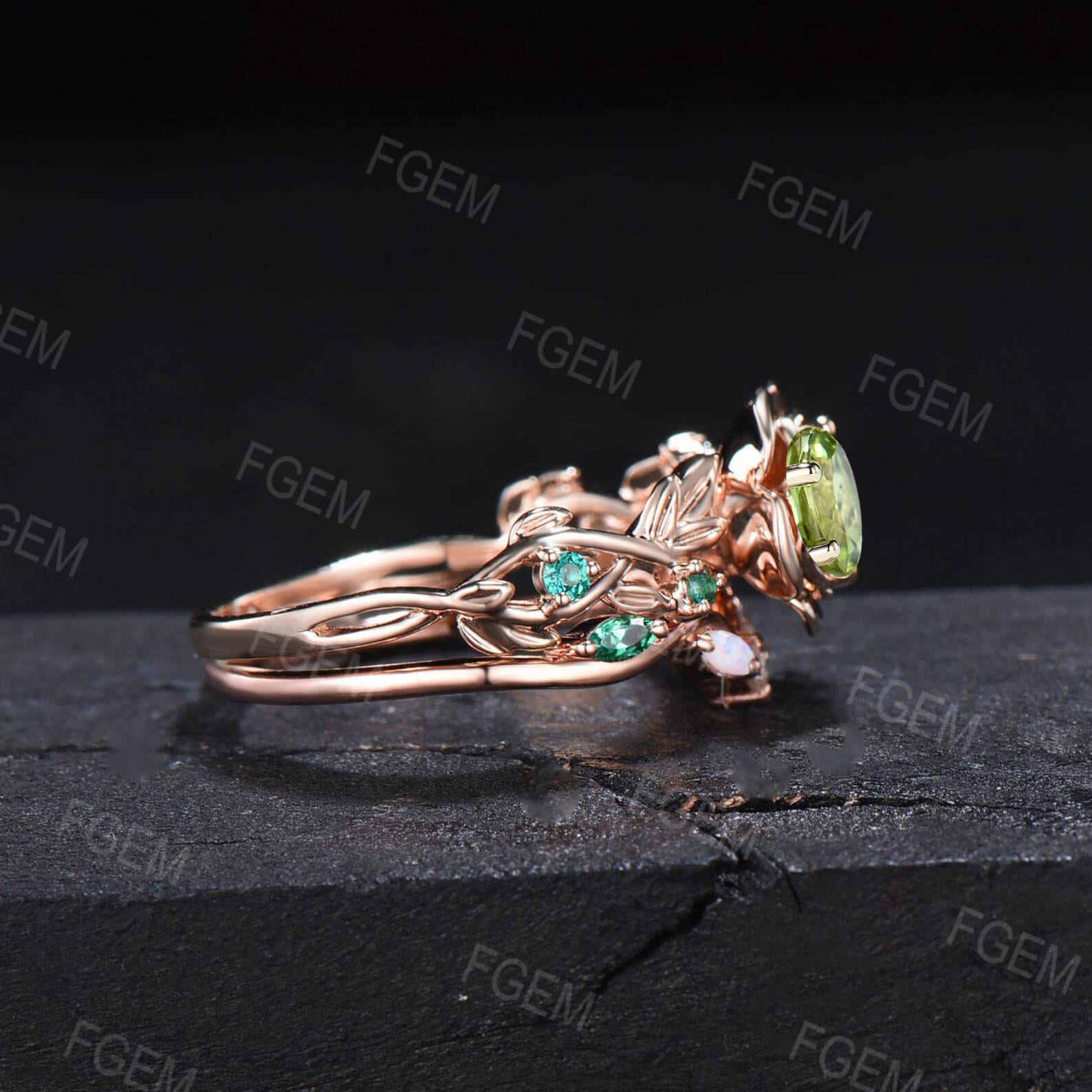 5MM Round Natural Peridot Emerald Opal Wedding Ring Set Green Gemstone Jewelry Branch Rose Flower Peridot Ring Set Nature Engagement Rings