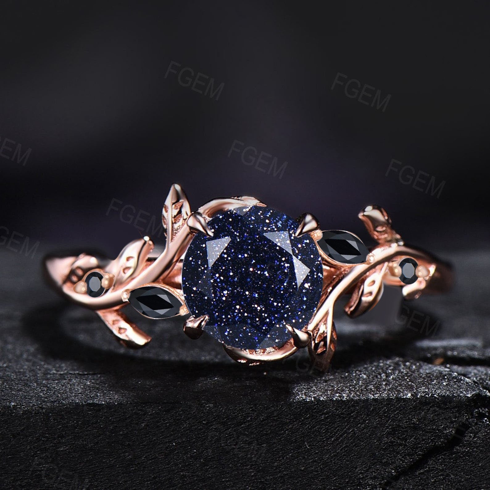 Nature Inspired Galaxy Blue Sandstone Leaf Engagement Ring Round Blue Goldstone Cluster Natural Black Spinel Promise Ring Anniversary Gifts