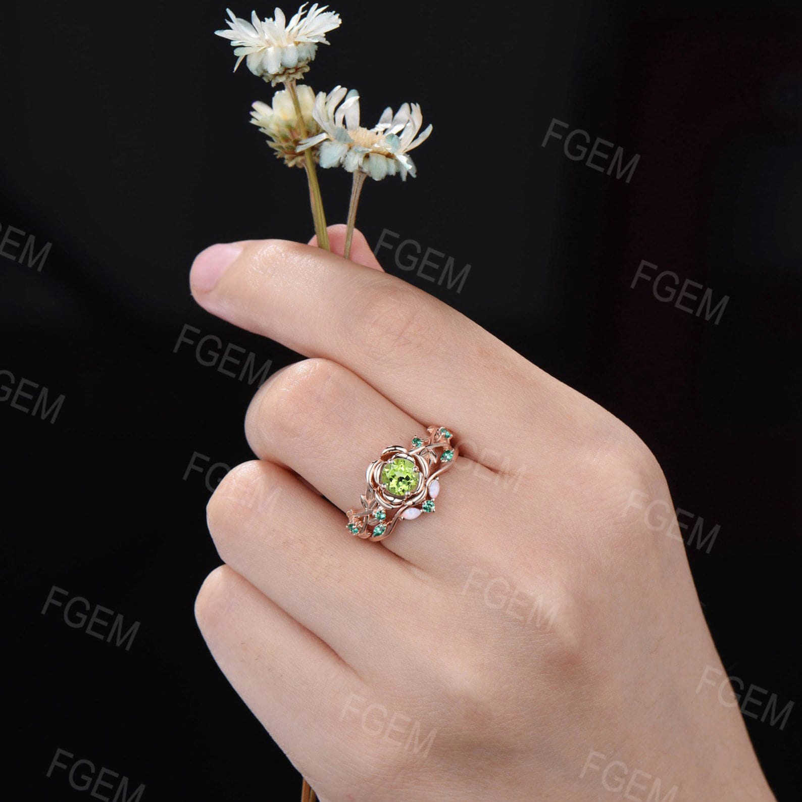 5MM Round Natural Peridot Emerald Opal Wedding Ring Set Green Gemstone Jewelry Branch Rose Flower Peridot Ring Set Nature Engagement Rings