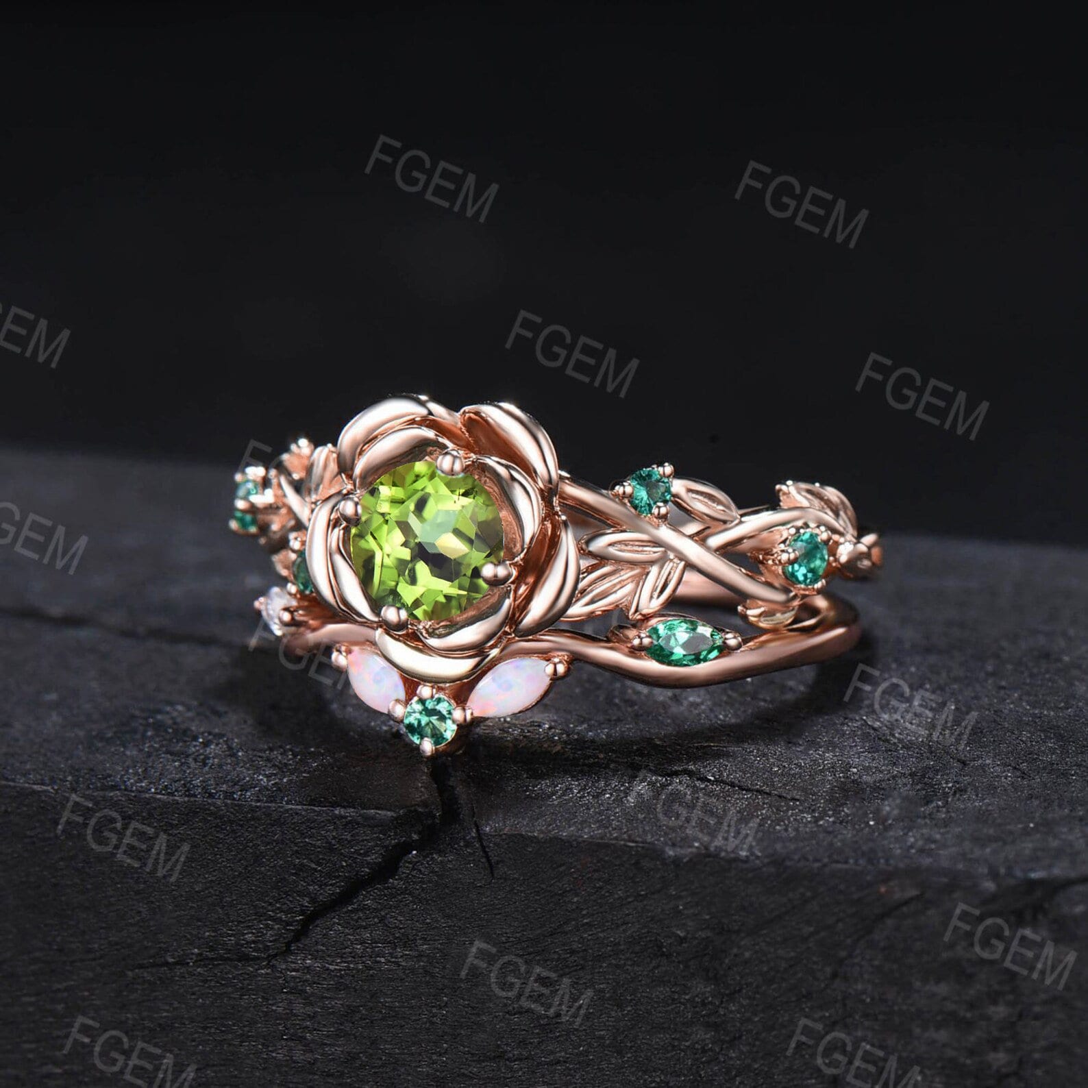5MM Round Natural Peridot Emerald Opal Wedding Ring Set Green Gemstone Jewelry Branch Rose Flower Peridot Ring Set Nature Engagement Rings
