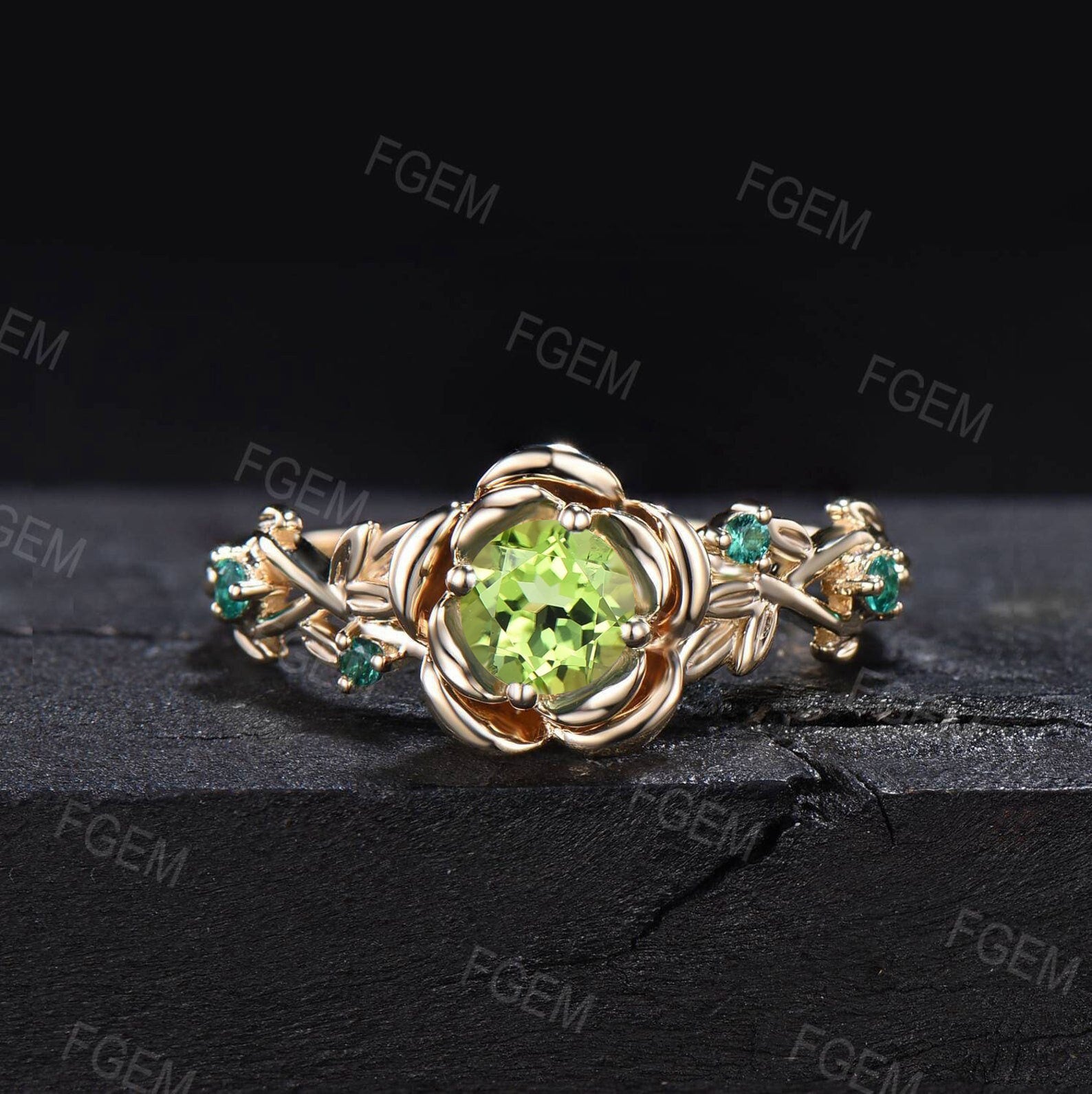 5MM Round Natural Peridot Emerald Opal Wedding Ring Set Green Gemstone Jewelry Branch Rose Flower Peridot Ring Set Nature Engagement Rings