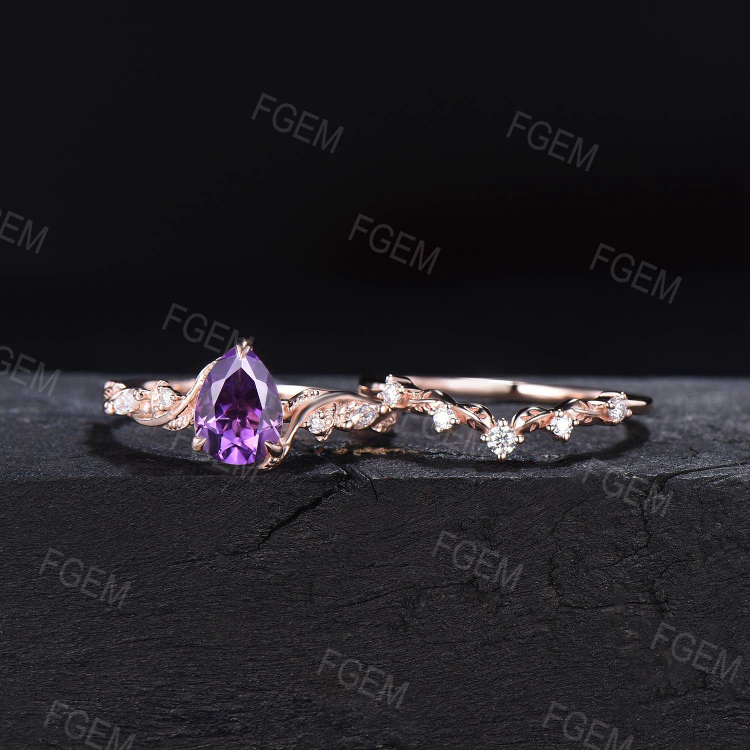 February Birthstone Wedding Ring 1.25ct Pear Natural Amethyst Purple Crystal Ring Set Nature Inspired Branch Moissanite Amethyst Bridal Sets