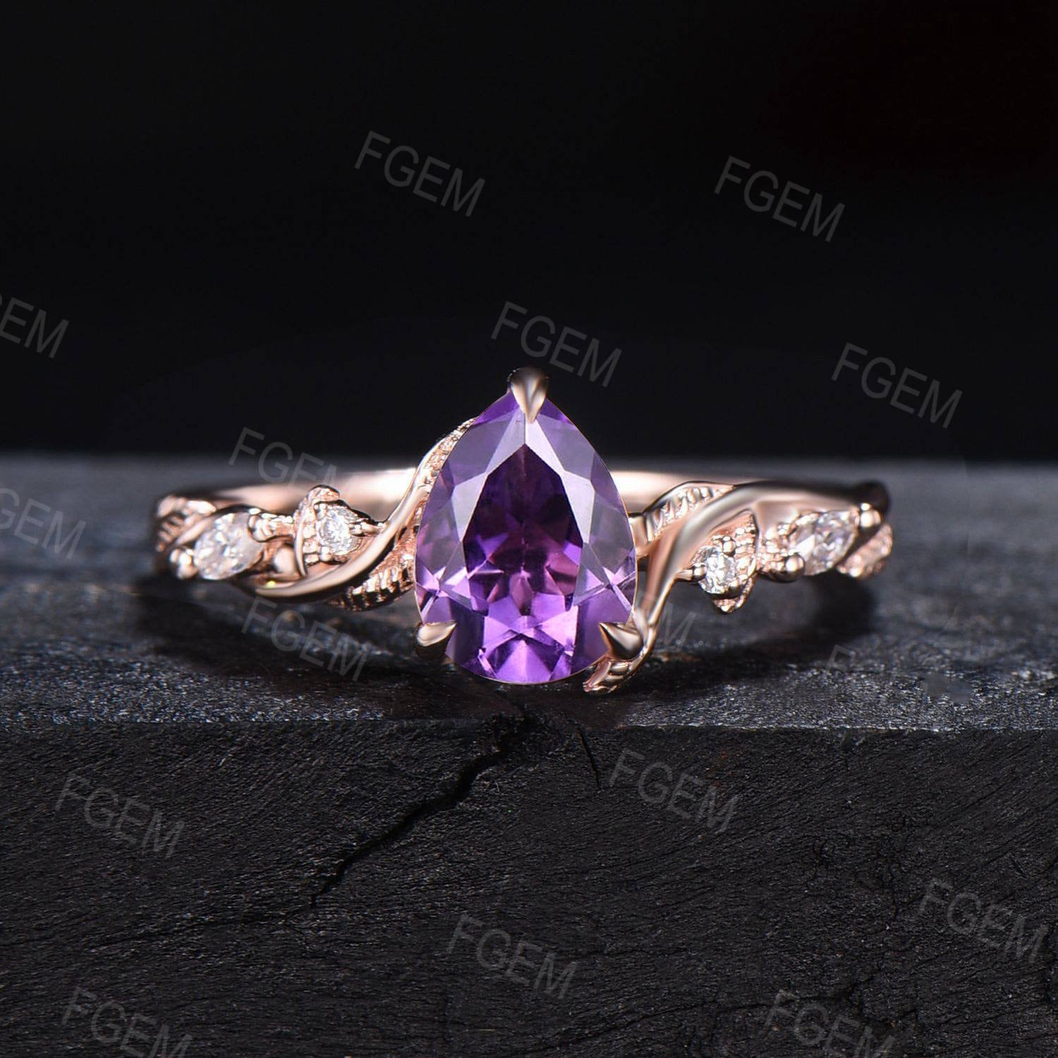 February Birthstone Wedding Ring 1.25ct Pear Natural Amethyst Purple Crystal Ring Set Nature Inspired Branch Moissanite Amethyst Bridal Sets