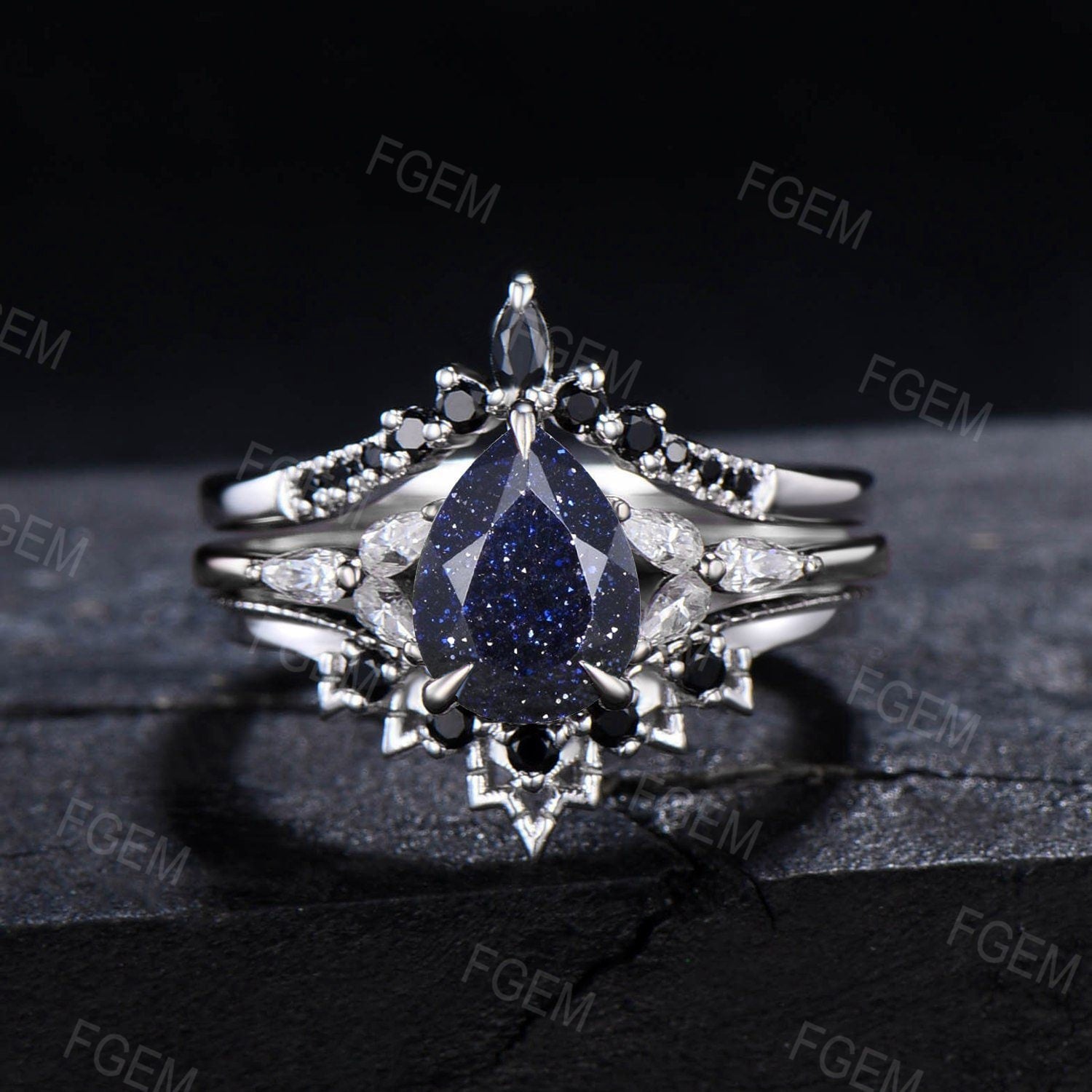 1.25ct Pear Cut Galaxy Blue Sandstone Ring Set White Gold Bridal Set Black Spinel Enhancer Wedding Band Promise Gift Outer Space Nebula Ring