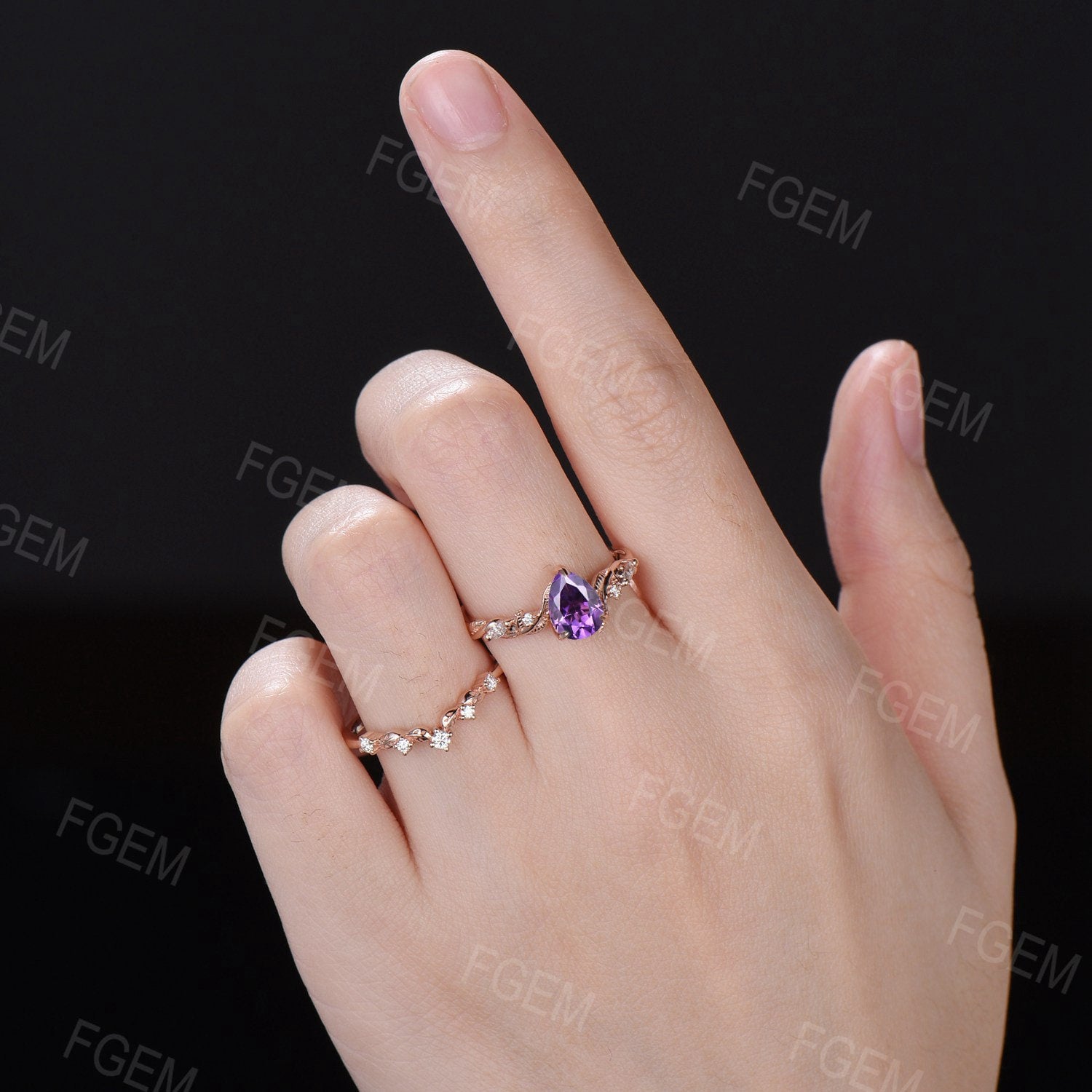 February Birthstone Wedding Ring 1.25ct Pear Natural Amethyst Purple Crystal Ring Set Nature Inspired Branch Moissanite Amethyst Bridal Sets