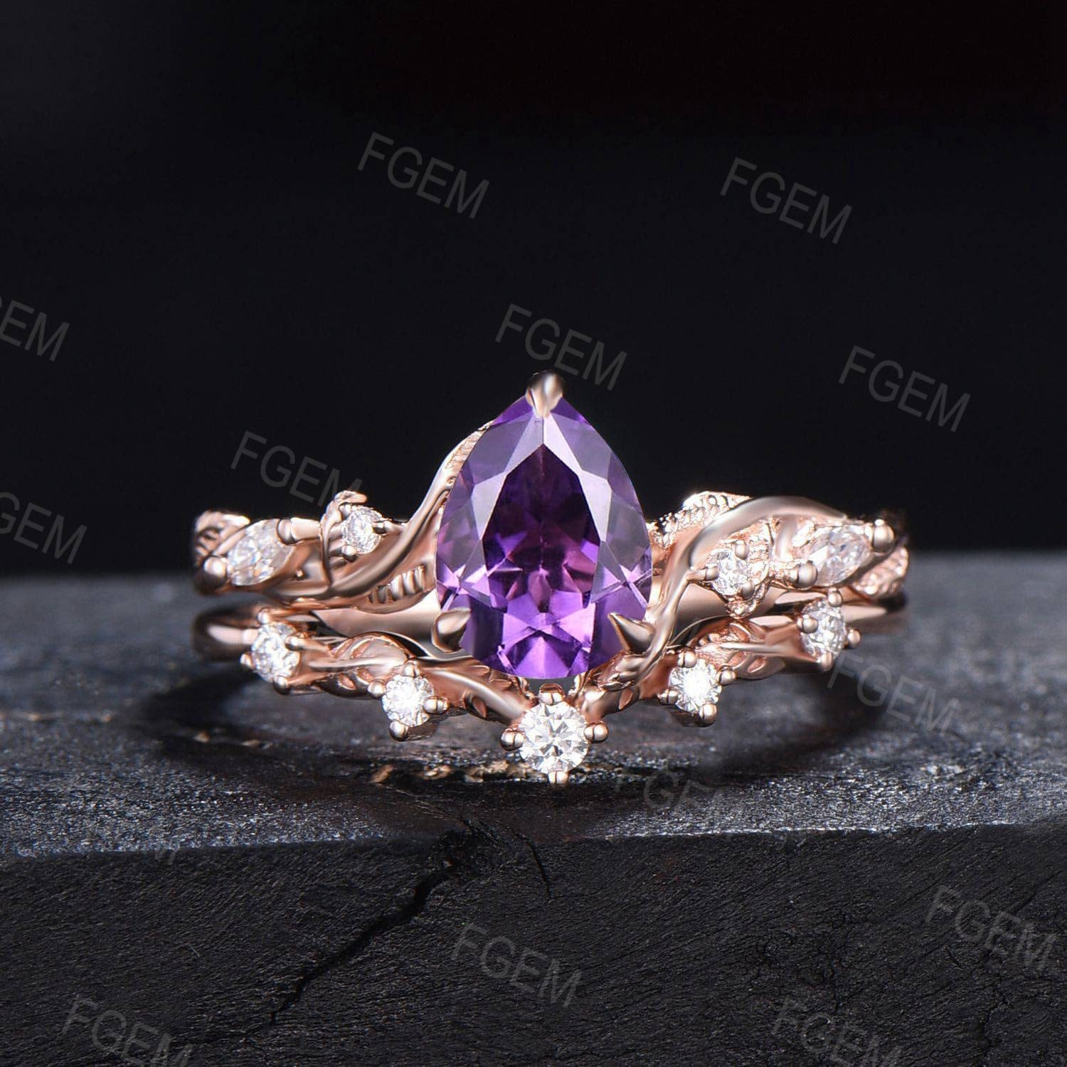 February Birthstone Wedding Ring 1.25ct Pear Natural Amethyst Purple Crystal Ring Set Nature Inspired Branch Moissanite Amethyst Bridal Sets