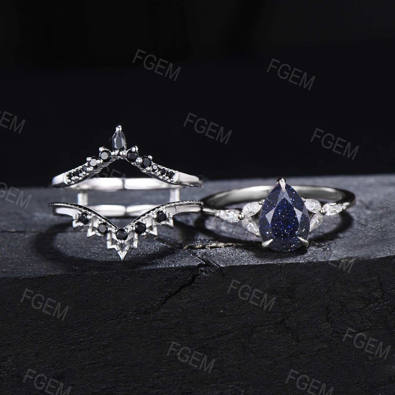 1.25ct Pear Cut Galaxy Blue Sandstone Ring Set White Gold Bridal Set Black Spinel Enhancer Wedding Band Promise Gift Outer Space Nebula Ring