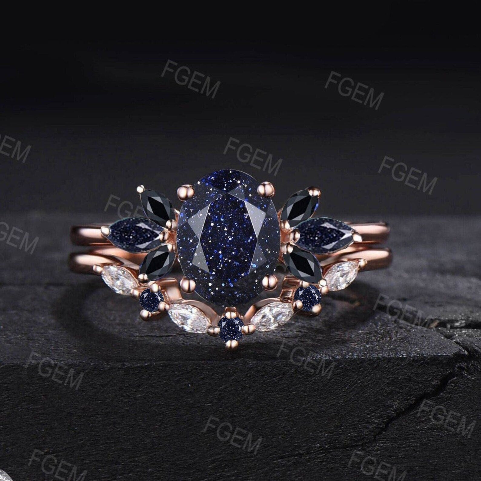 1.5ct Oval Cut Galaxy Starry Sky Blue Sandstone Cluster Engagement Ring Set Black Bridal Set Moissanite Black Gemstone Wedding Nesting Band