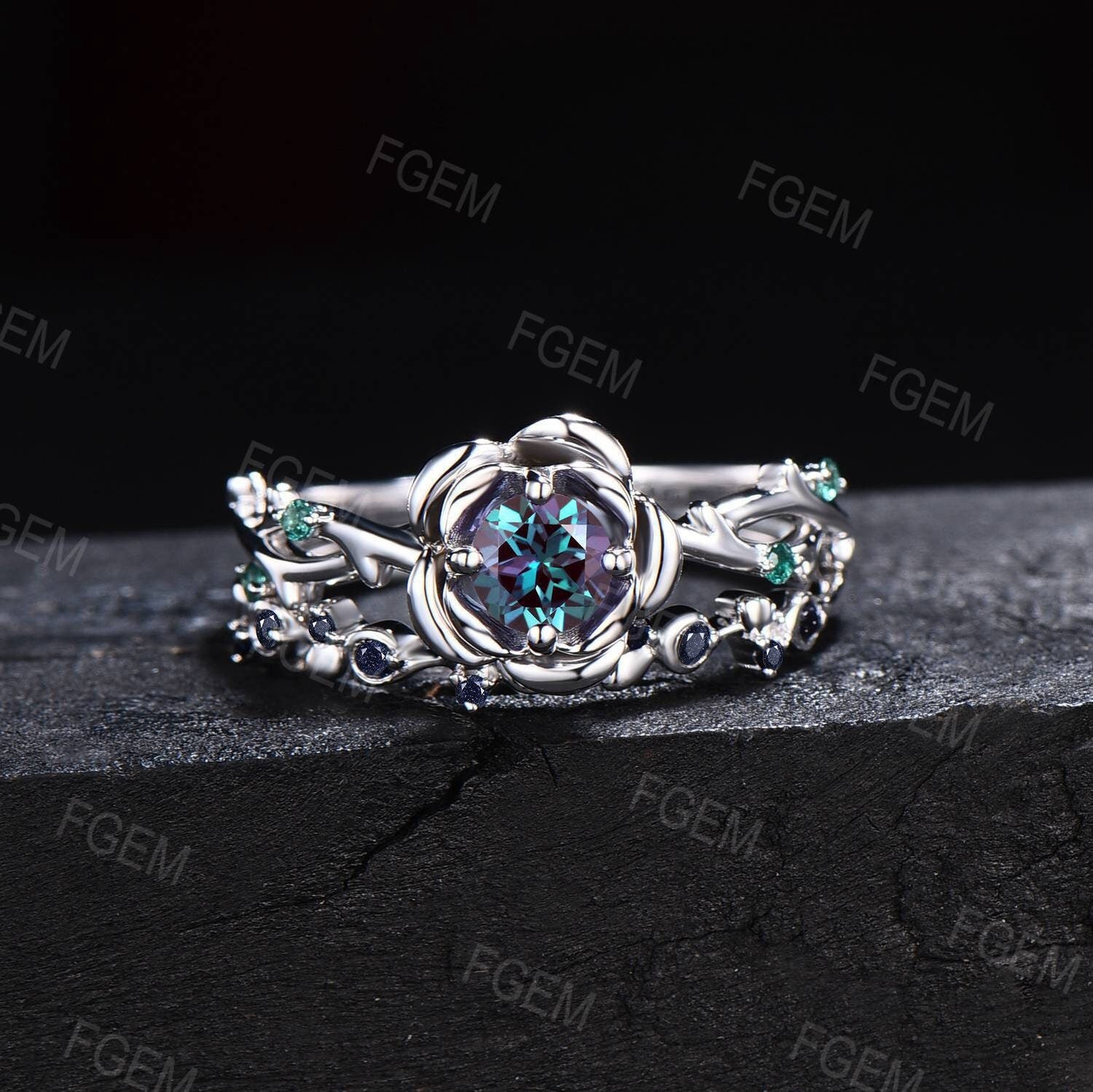 Rose Flower Color-Change Alexandrite Engagement Bridal Set Cluster Green Emerald Ring Twig Vine Floral Blue Sandstone Platinum Promise Ring