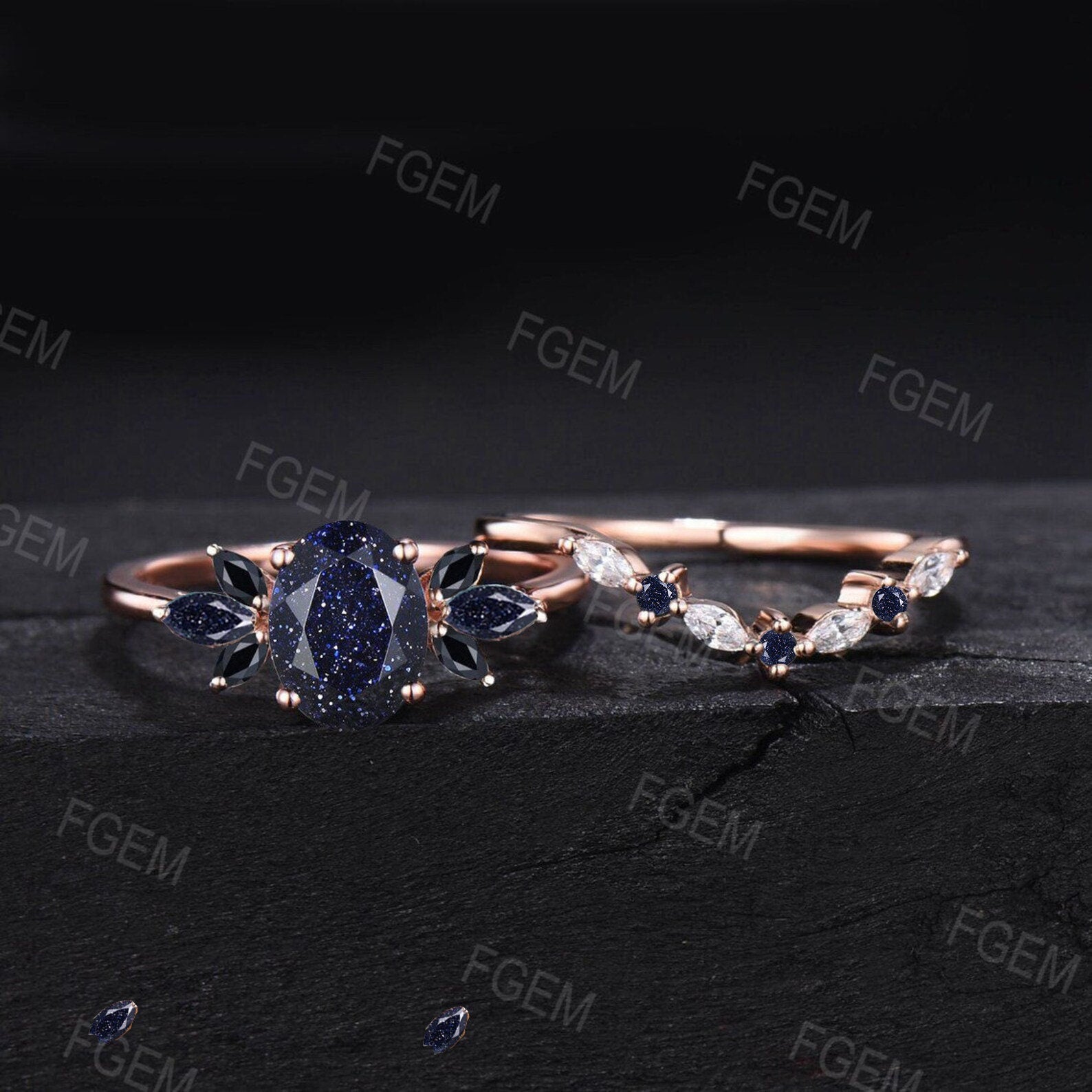 1.5ct Oval Cut Galaxy Starry Sky Blue Sandstone Cluster Engagement Ring Set Black Bridal Set Moissanite Black Gemstone Wedding Nesting Band