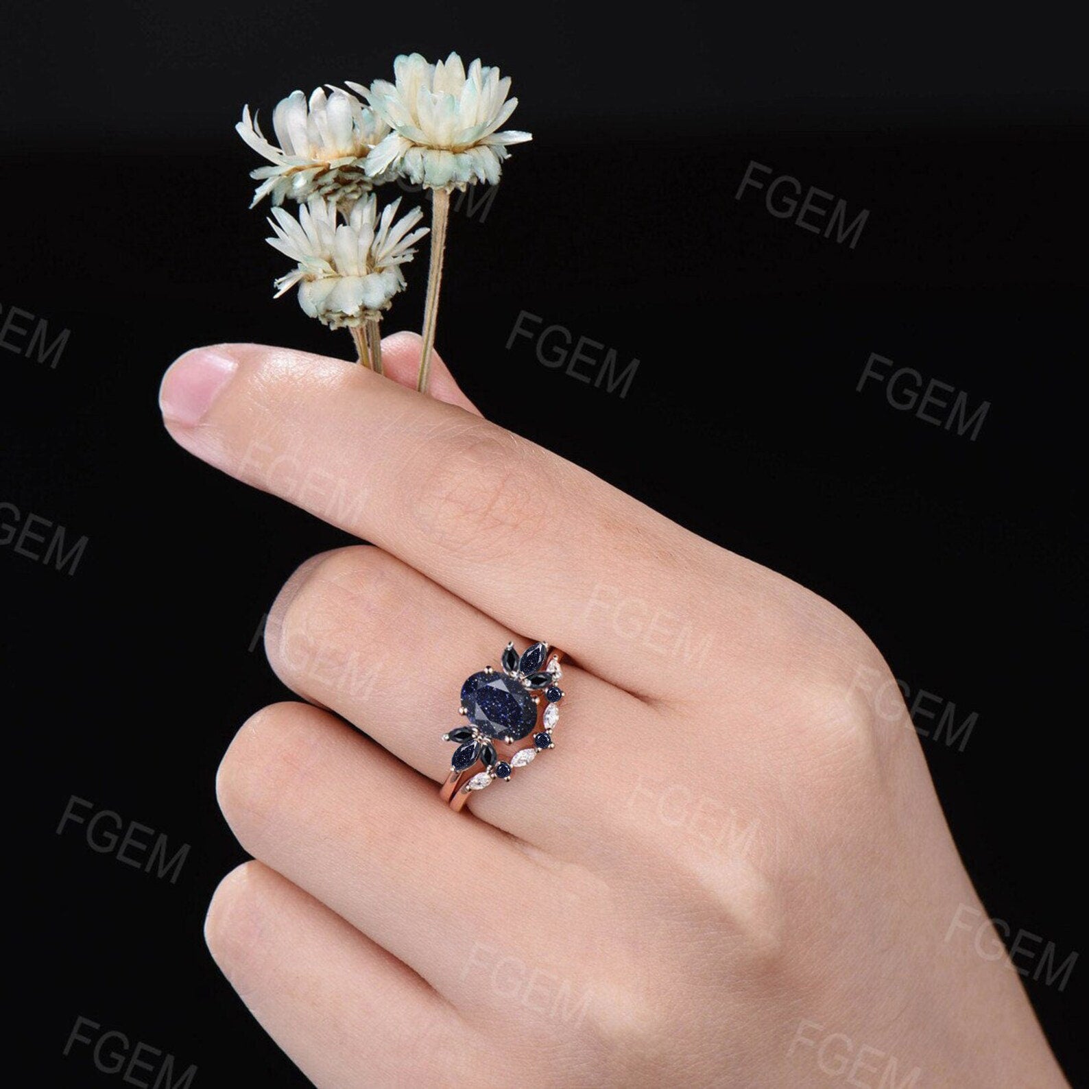 1.5ct Oval Cut Galaxy Starry Sky Blue Sandstone Cluster Engagement Ring Set Black Bridal Set Moissanite Black Gemstone Wedding Nesting Band