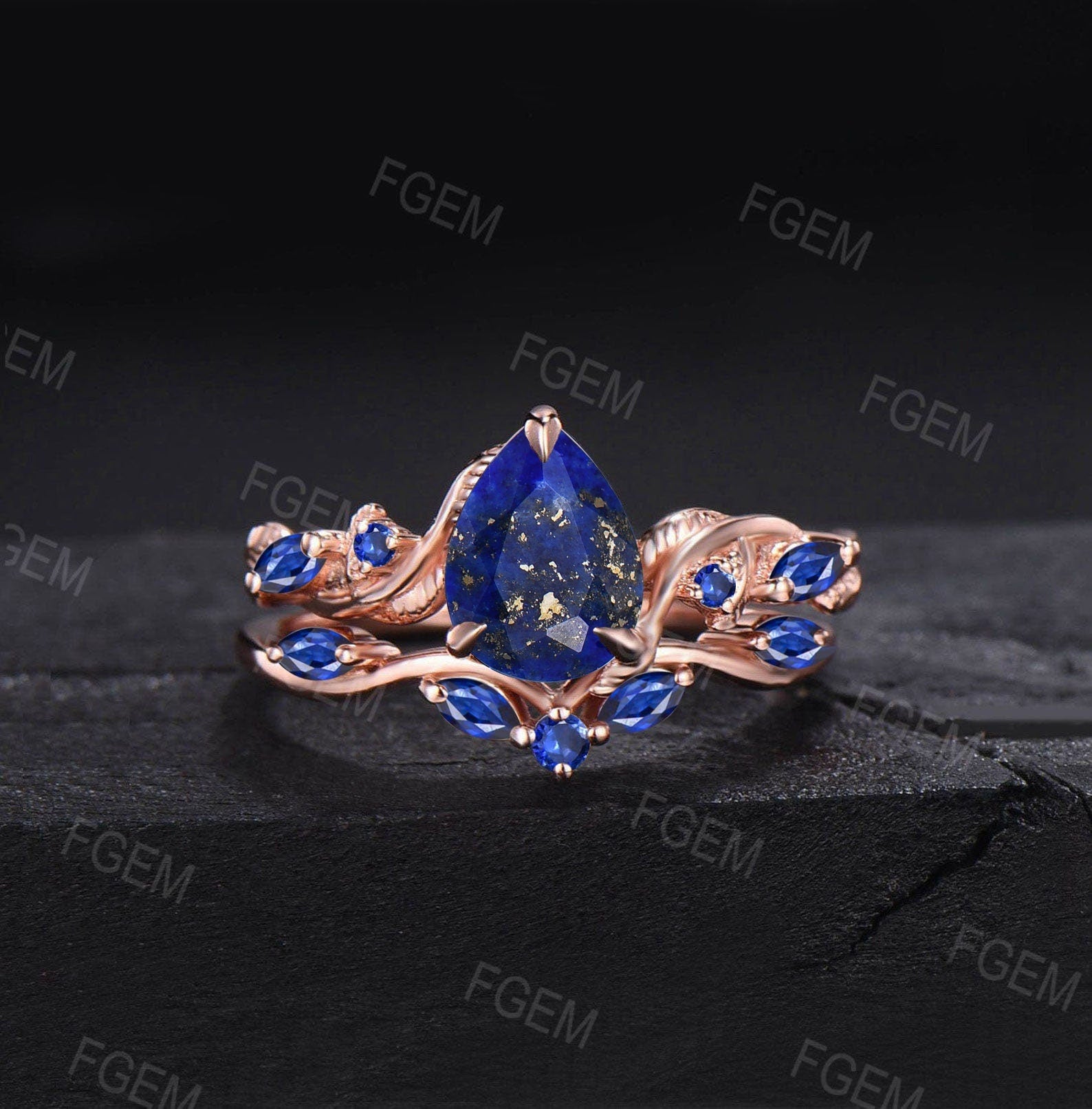 Twig Vine Natural Lapis Lazuli Engagement Ring Set Vintage Pear Cut Lapis Gold Ring Blue Sapphire Promise Rings Antique Noble Gift for Women