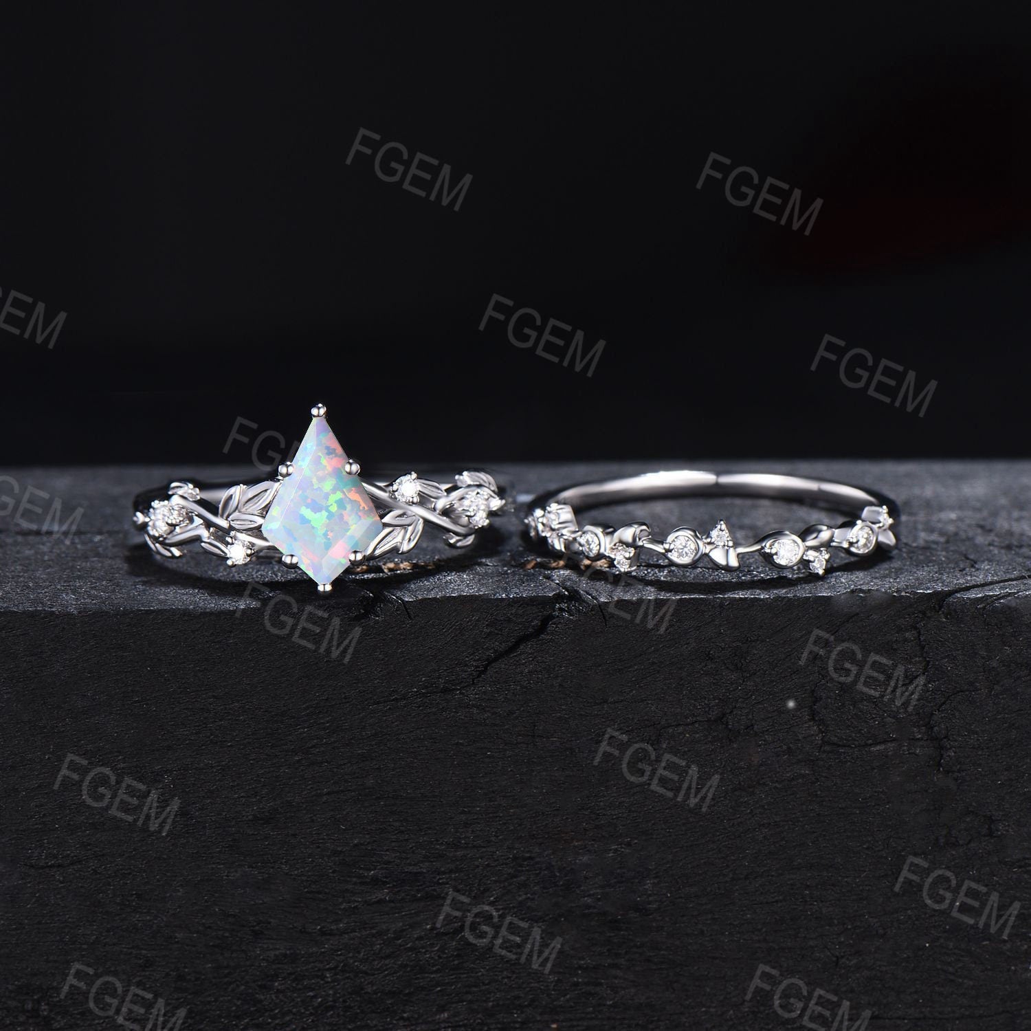 Kite Cut White Opal Wedding Ring Set Vintage 10K White Gold Nature Inspired Opal Diamond Engagement Ring Twig Branch Moissanite Wedding Band