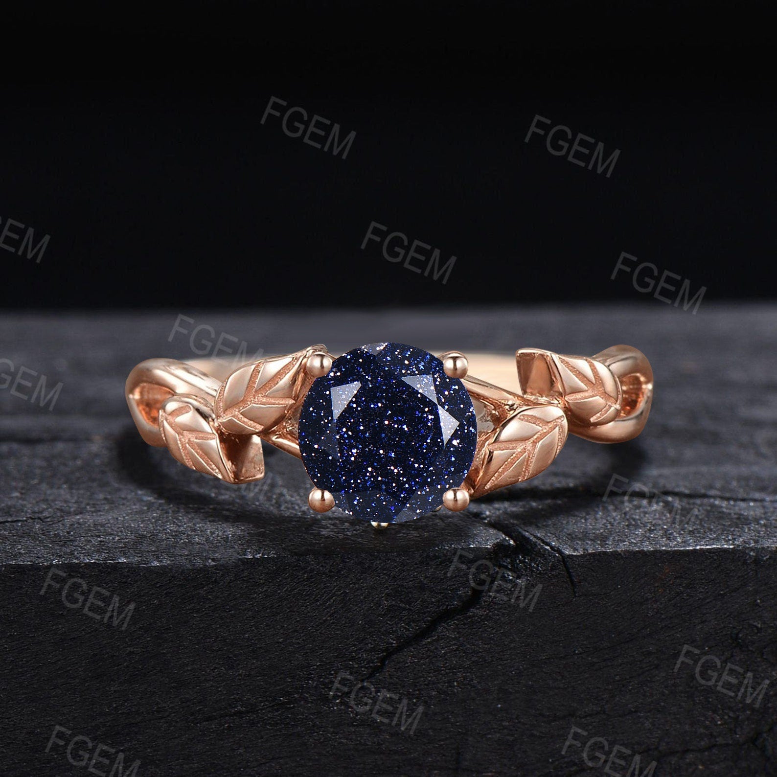 Round Galaxy Blue Sandstone Engagement Ring Vintage Nature Inspired Blue Goldstone Rings Leaves Wedding Ring Unique Solitaire Promise Ring