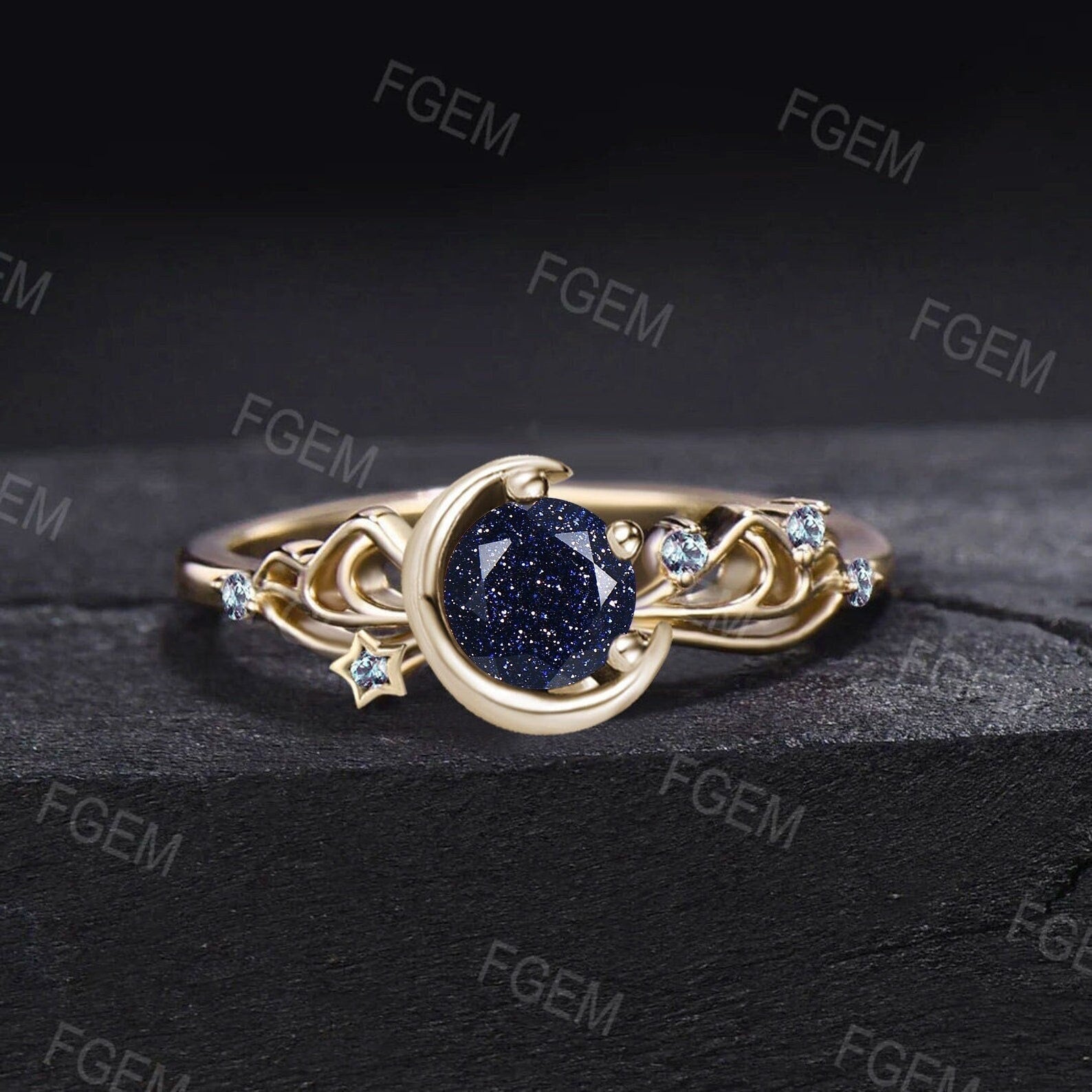 Sailor Moon Inspired Round Galaxy Blue Sandstone Engagement Rings 10K Yellow Gold Bowknot Cluster Alexandrite Crescent Moon Wedding Rings