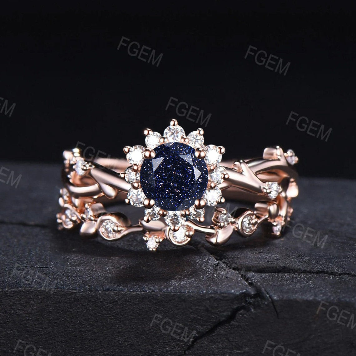 Round Galaxy Starry Sky Blue Sandstone Twig Vine Bridal Set Sunflower Wedding Ring White Gold Floral Blue Goldstone Platinum Promise Rings