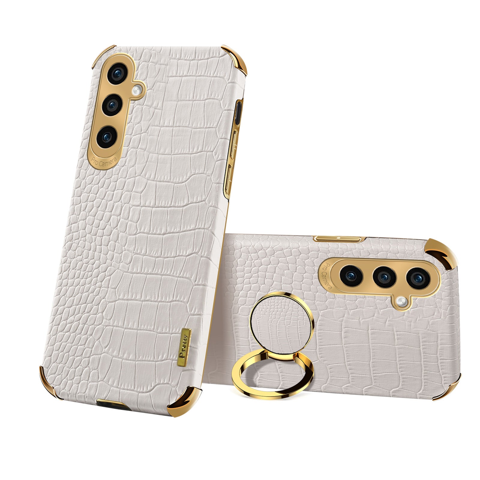 Crocodile Texture Electroplated Leather + TPU White Phone Cover with Kickstand - For Samsung Galaxy S24