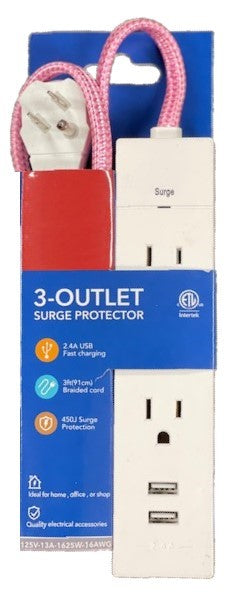 Power Strip & Surge Protector 3 Outlet Power Tap, 2 USB ETL Listed