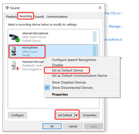 Set Luna as the default microphone