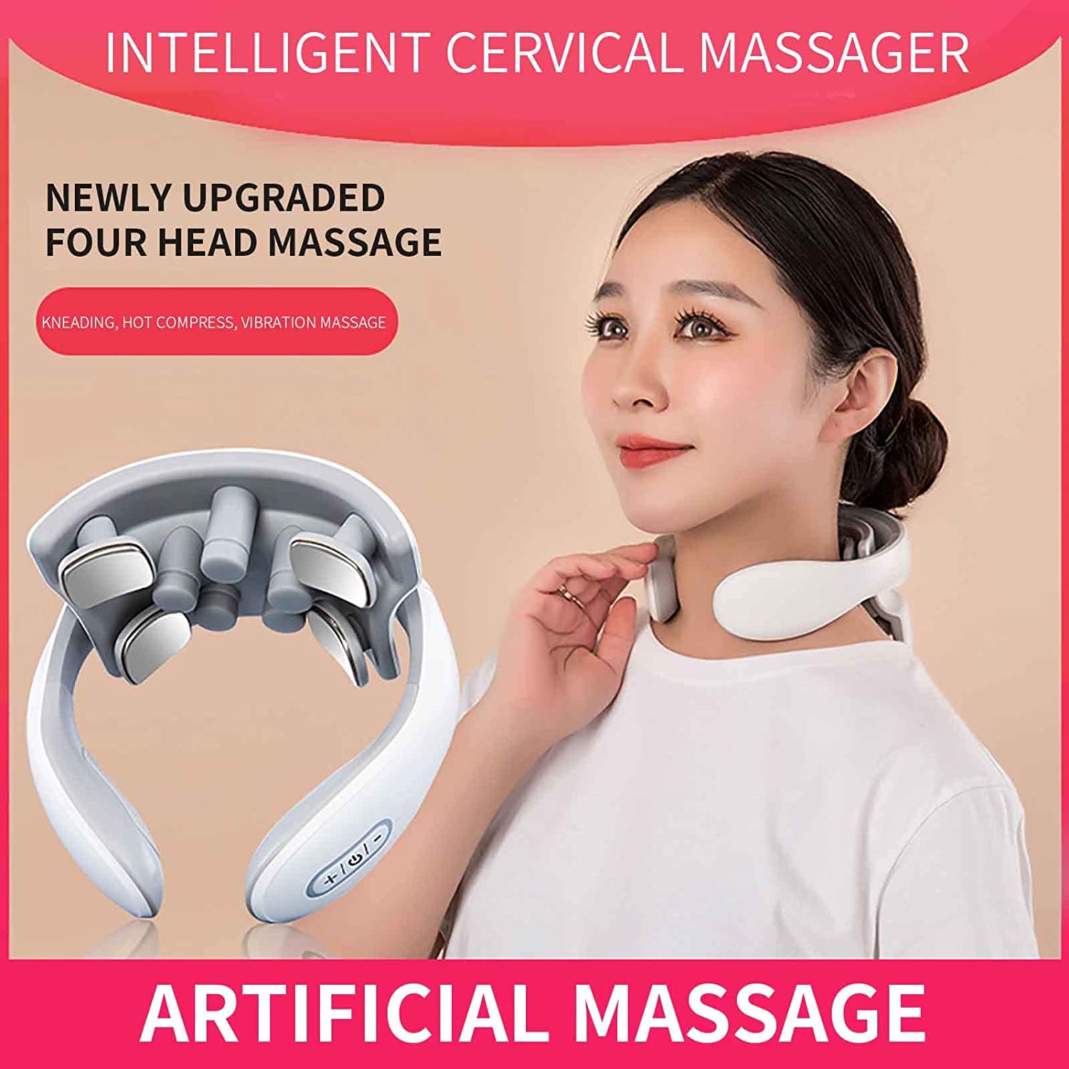 Neck Massager with Heat, Pain Relief, Intelligent Neck Massager, 4 Massage Heads Portable Deep Tissue Trigger Point Massager