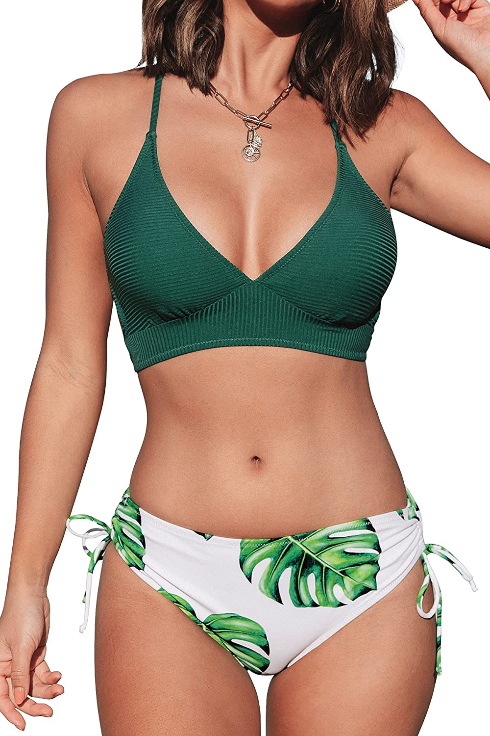 Swimsuit Floral Print Lace Up V Neck Two Piece Bathing Suit