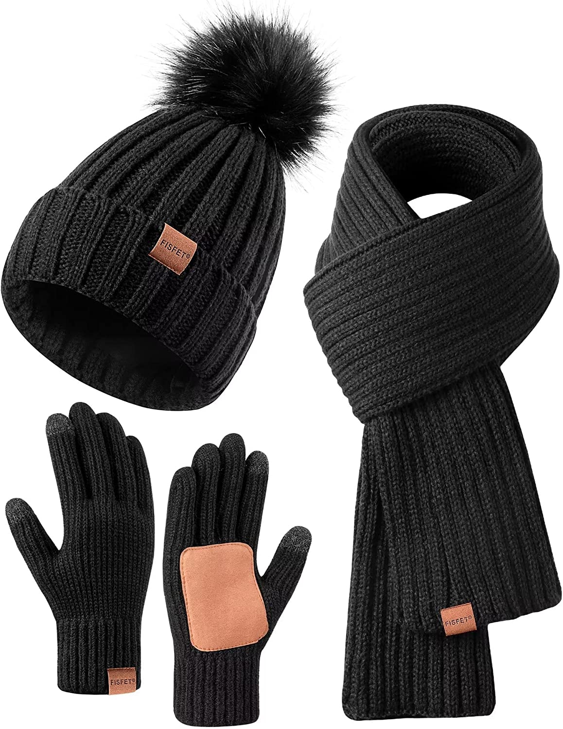Womens Beanie with Pom Pom Long Scarf Neck Warmer Touchscreen Gloves 3 in 1 Set