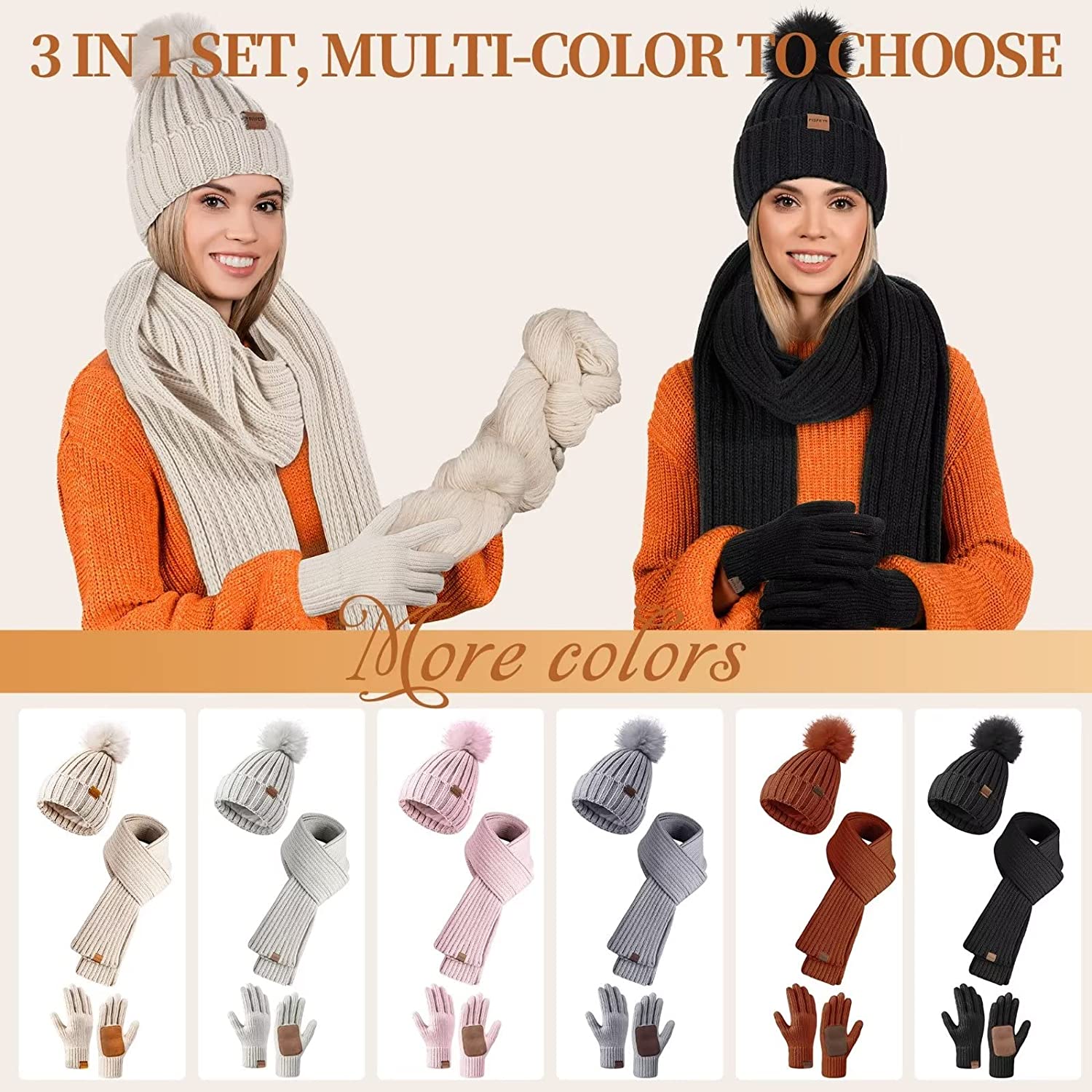 Womens Beanie with Pom Pom Long Scarf Neck Warmer Touchscreen Gloves 3 in 1 Set