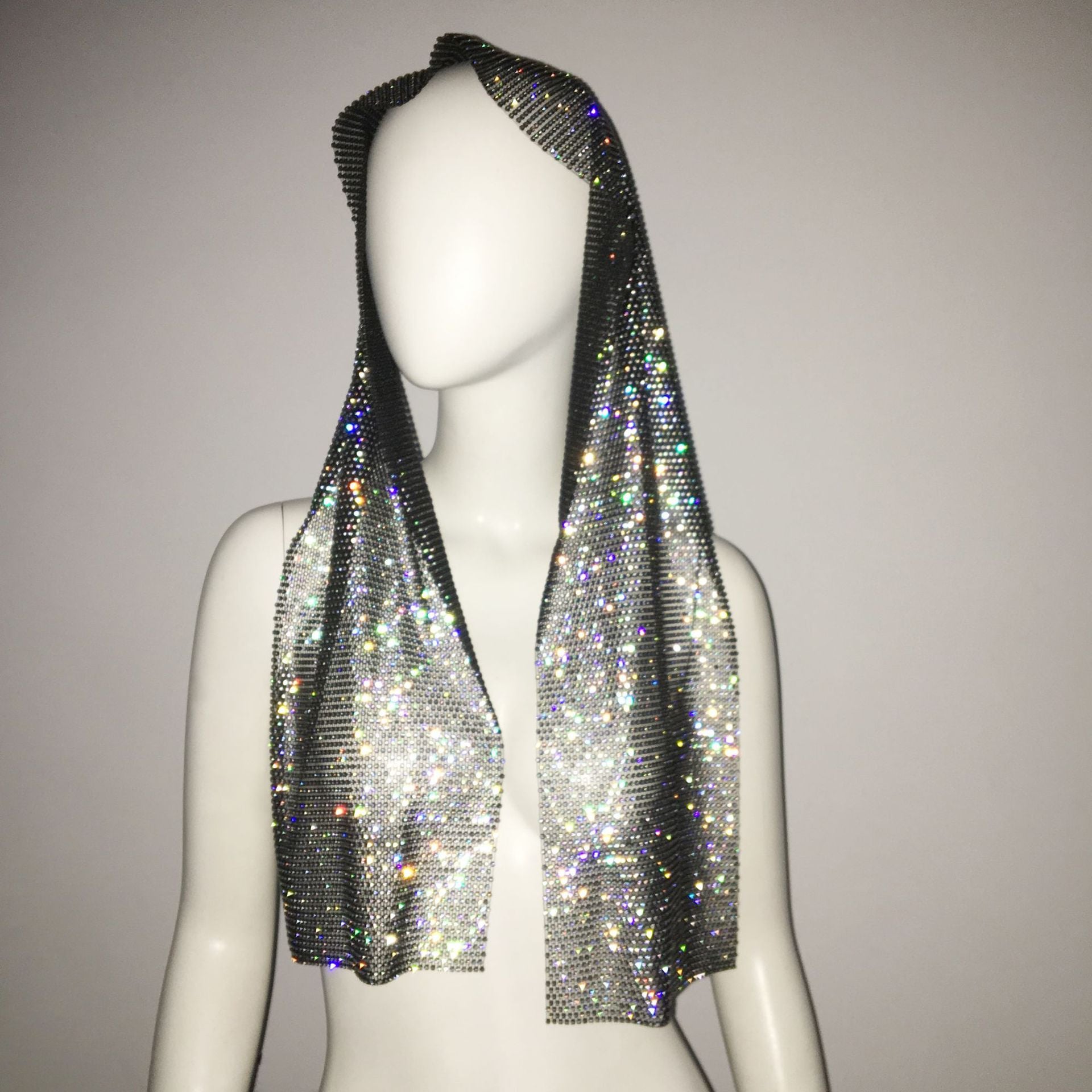 2024 Fashion Trends | Metallic Rhinestone Scarf and Rhinestone Halter Dress