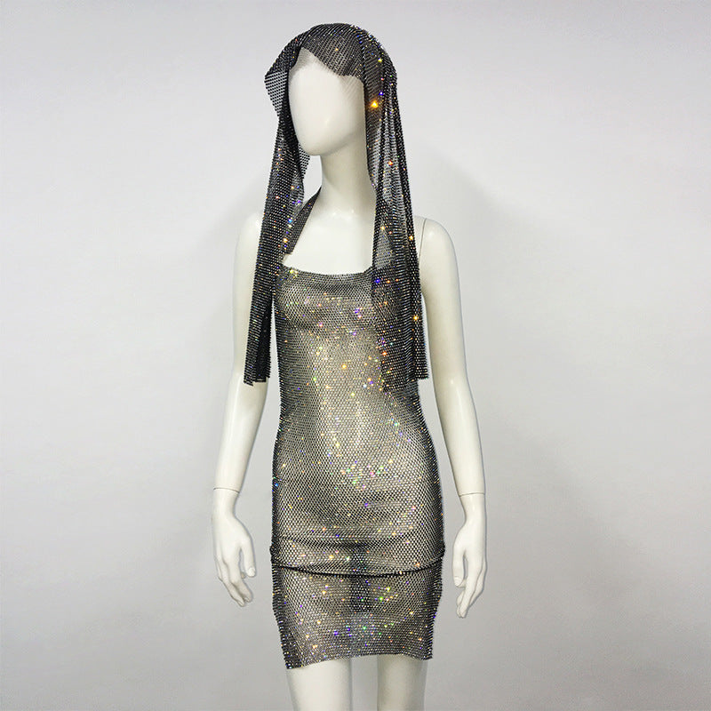 2024 Fashion Trends | Metallic Rhinestone Scarf and Rhinestone Halter Dress