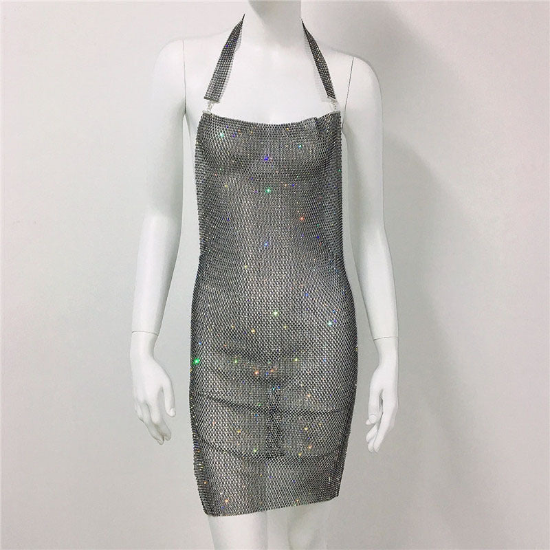 2024 Fashion Trends | Metallic Rhinestone Scarf and Rhinestone Halter Dress