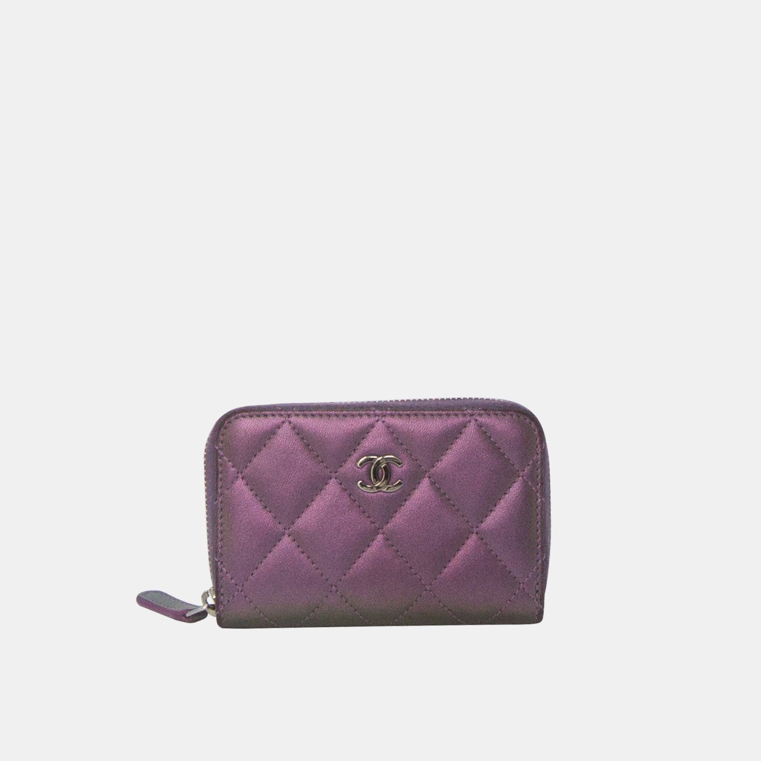 Chanel Metallic Purple Lambskin Quilted Zip Around Coin Purse Wallet