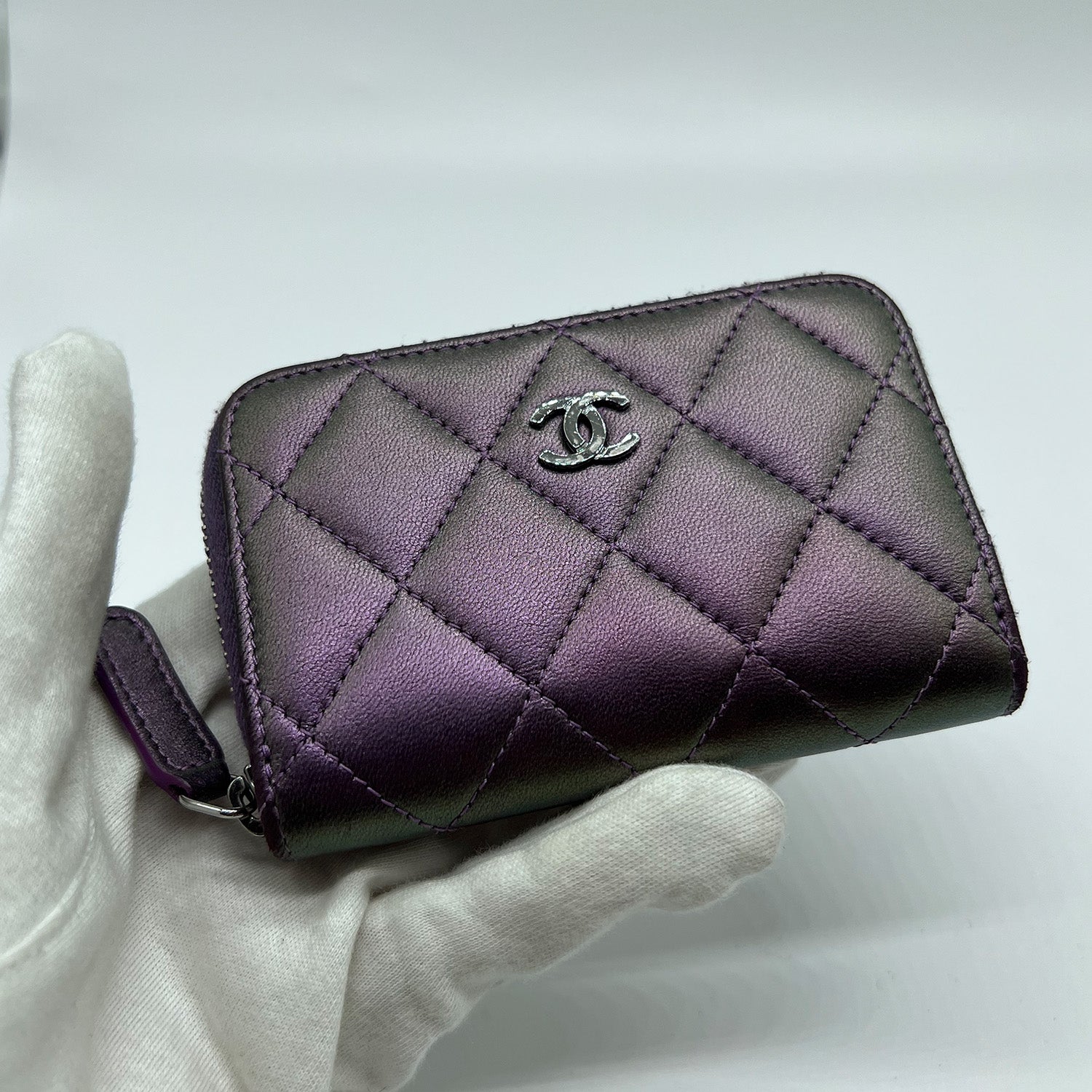 Chanel Metallic Purple Lambskin Quilted Zip Around Coin Purse Wallet