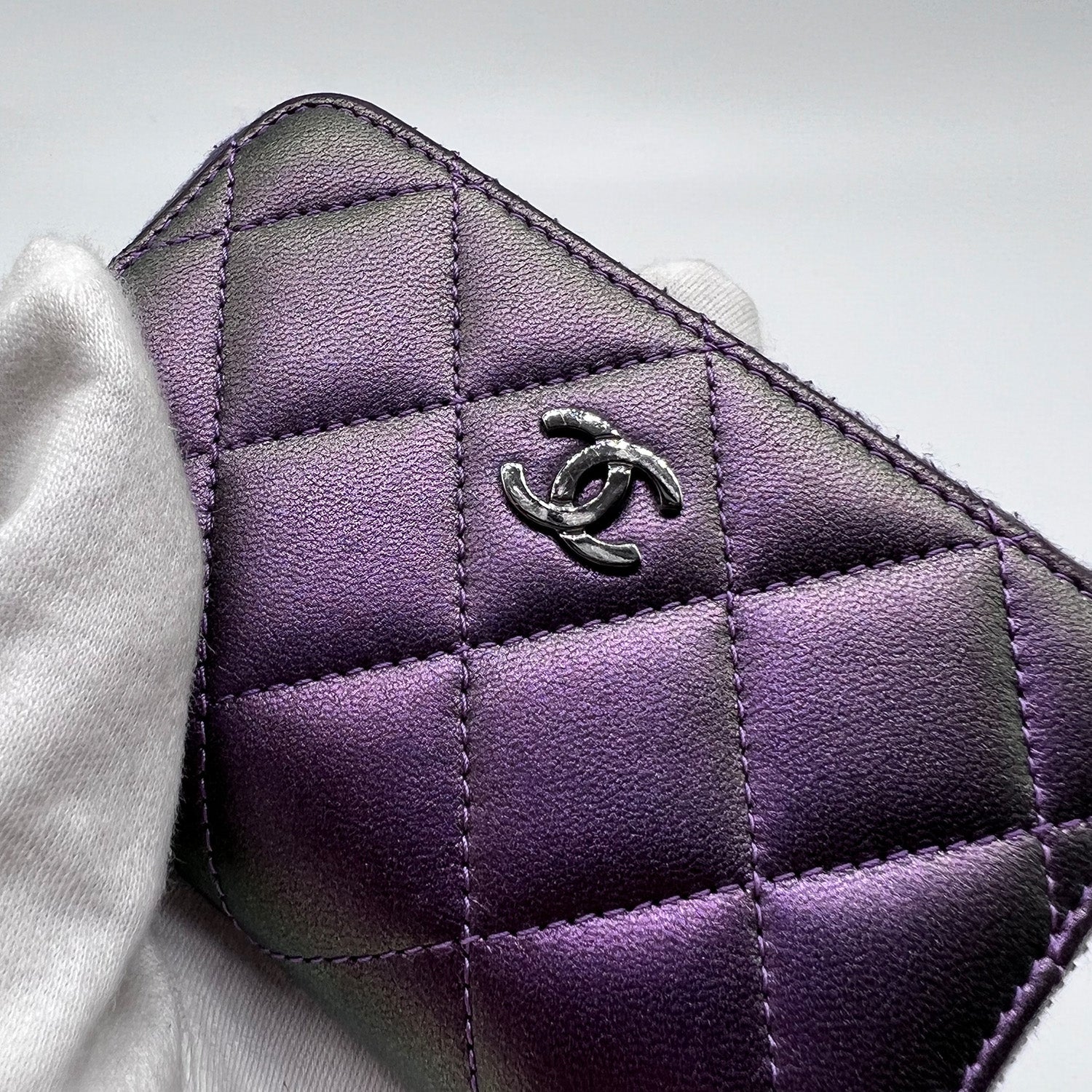 Chanel Metallic Purple Lambskin Quilted Zip Around Coin Purse Wallet