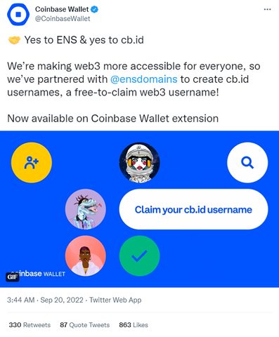 🤝 Yes to ENS & yes to cb․id  We’re making web3 more accessible for everyone, so we’ve partnered with  @ensdomains  to create cb․id usernames, a free-to-claim web3 username!