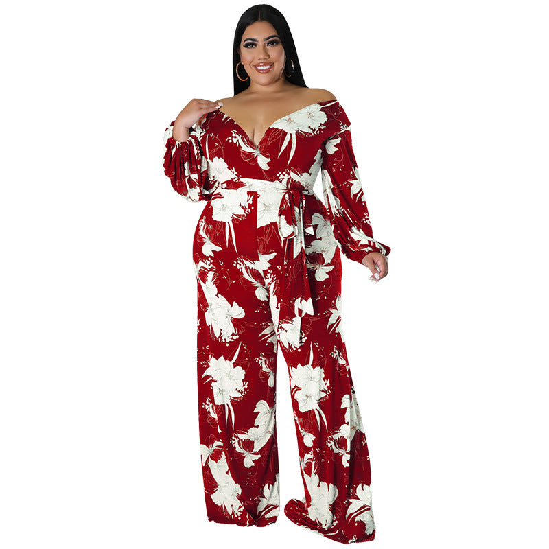 BamBam Plus Size Women Fall Print V-Neck Off Shoulder Jumpsuit - BamBam Clothing