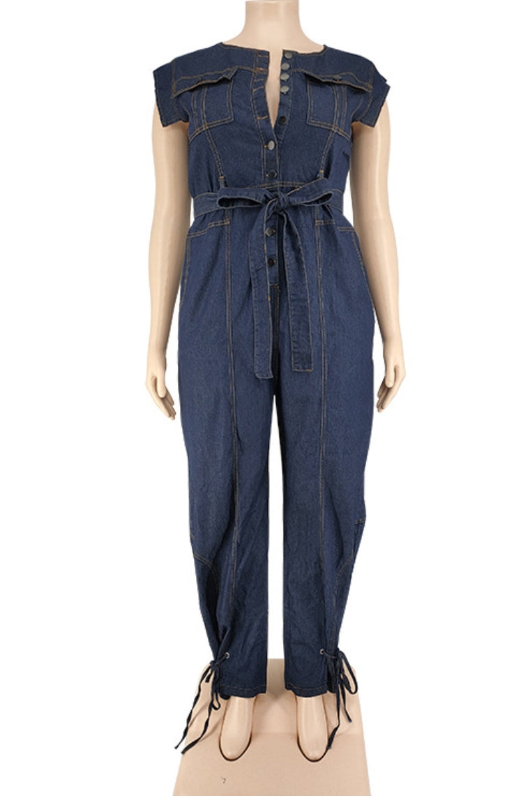 BamBam Summer Plus Size Sleeveless Denim Jumpsuit with Belt - BamBam Clothing