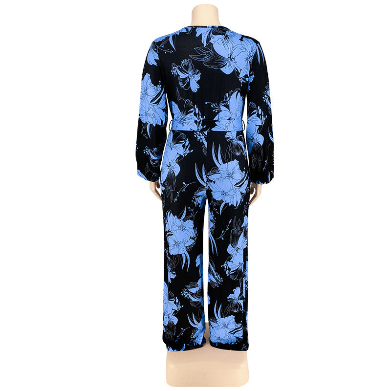 BamBam Plus Size Women Fall Print V-Neck Off Shoulder Jumpsuit - BamBam Clothing