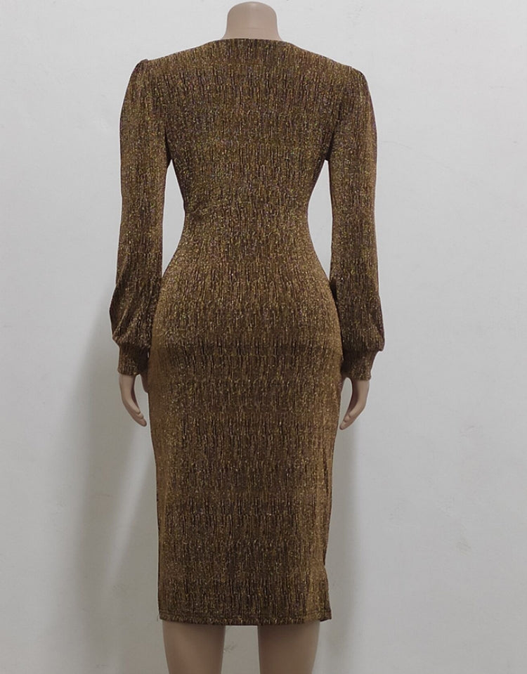 BamBam Winter Brown V-Neck Sexy Long Sleeves Midi Party Dress - BamBam