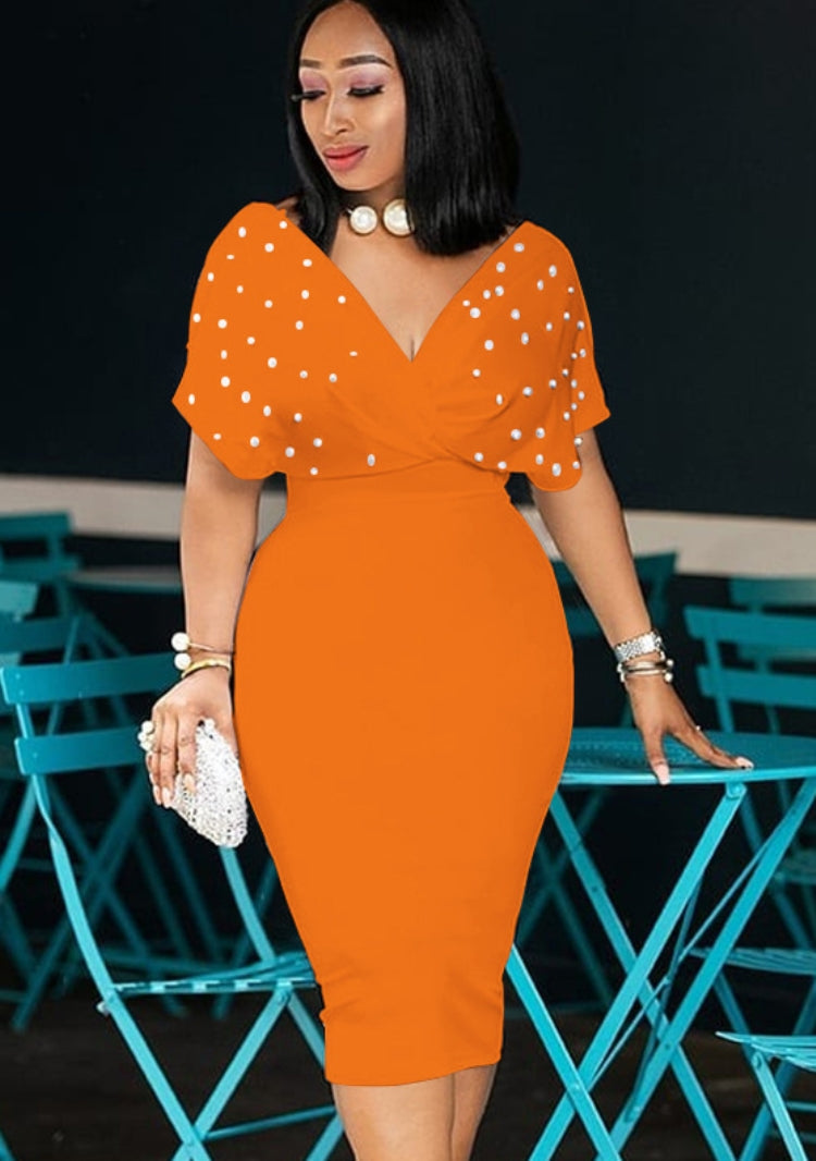 BamBam Autumn Orange Beaded V-Neck Midi Cocktail Dress - BamBam