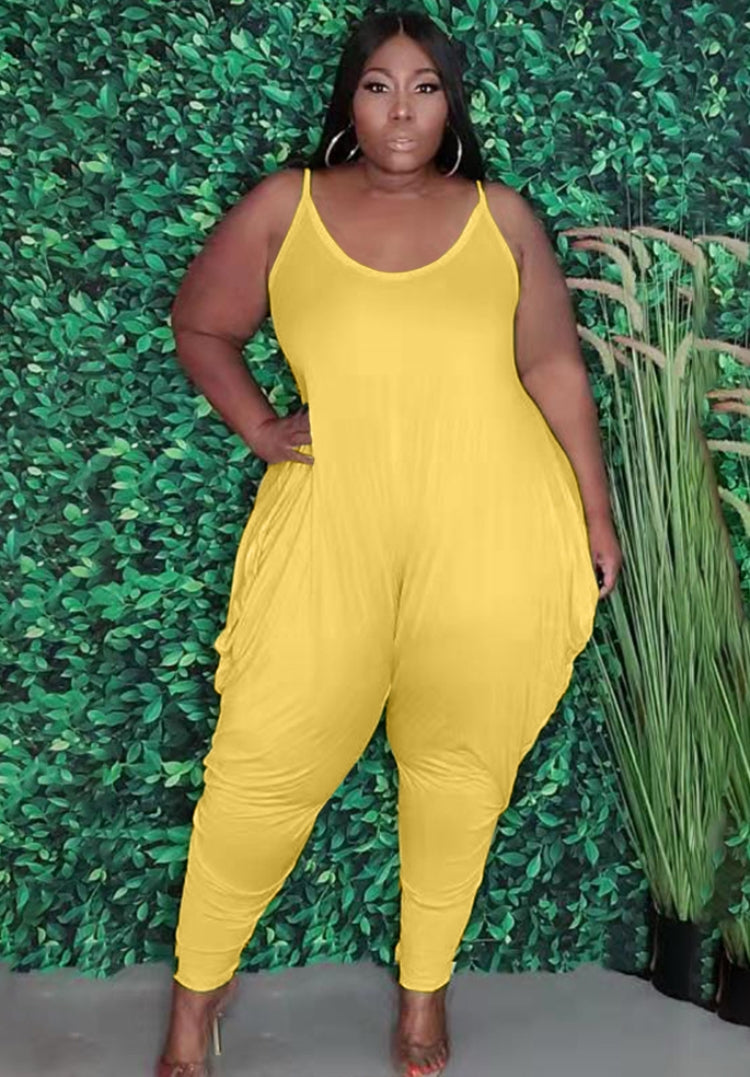 BamBam Summer Plus Size Casual Yellow Strap Loose Jumpsuit - BamBam Clothing