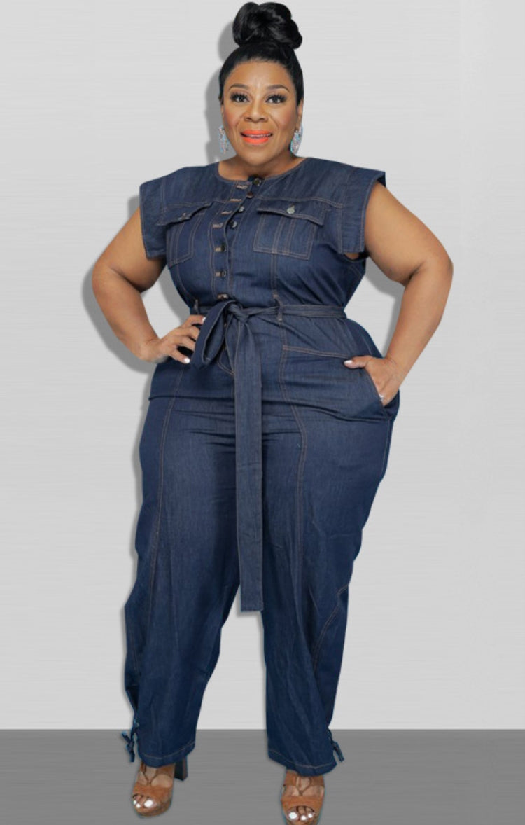 BamBam Summer Plus Size Sleeveless Denim Jumpsuit with Belt - BamBam Clothing