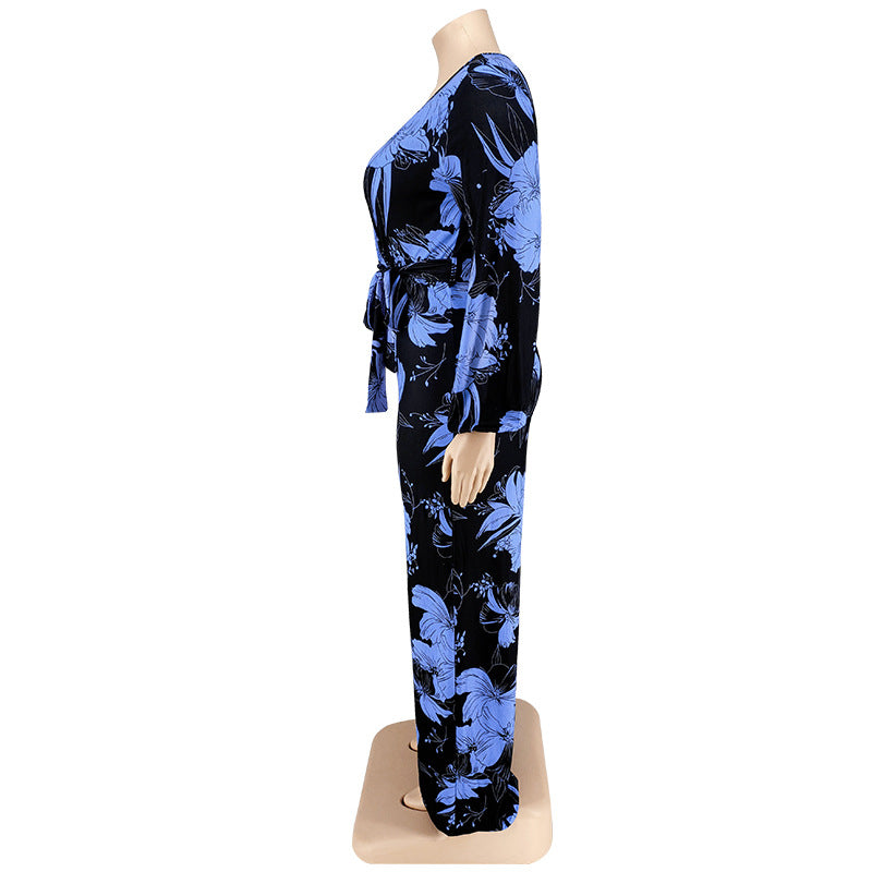 BamBam Plus Size Women Fall Print V-Neck Off Shoulder Jumpsuit - BamBam Clothing