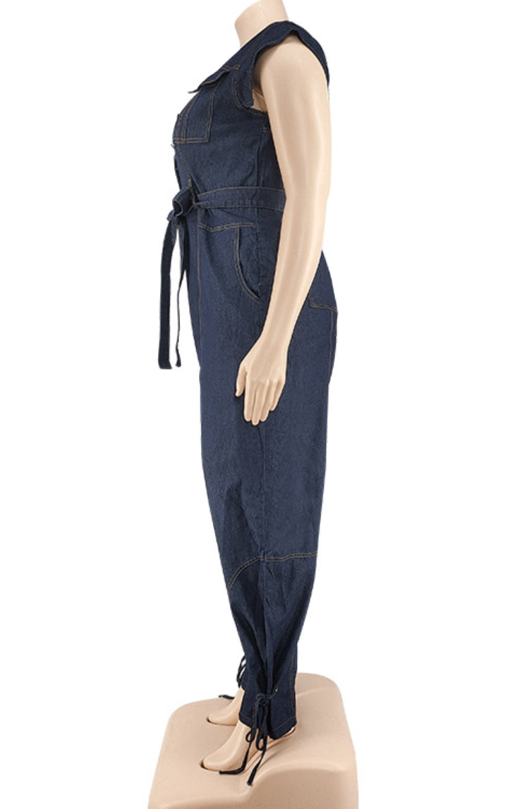 BamBam Summer Plus Size Sleeveless Denim Jumpsuit with Belt - BamBam Clothing