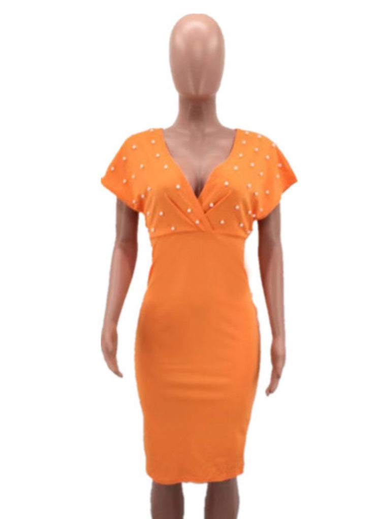 BamBam Autumn Orange Beaded V-Neck Midi Cocktail Dress - BamBam