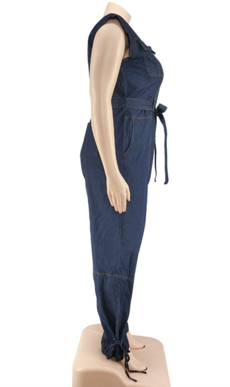 BamBam Summer Plus Size Sleeveless Denim Jumpsuit with Belt - BamBam Clothing
