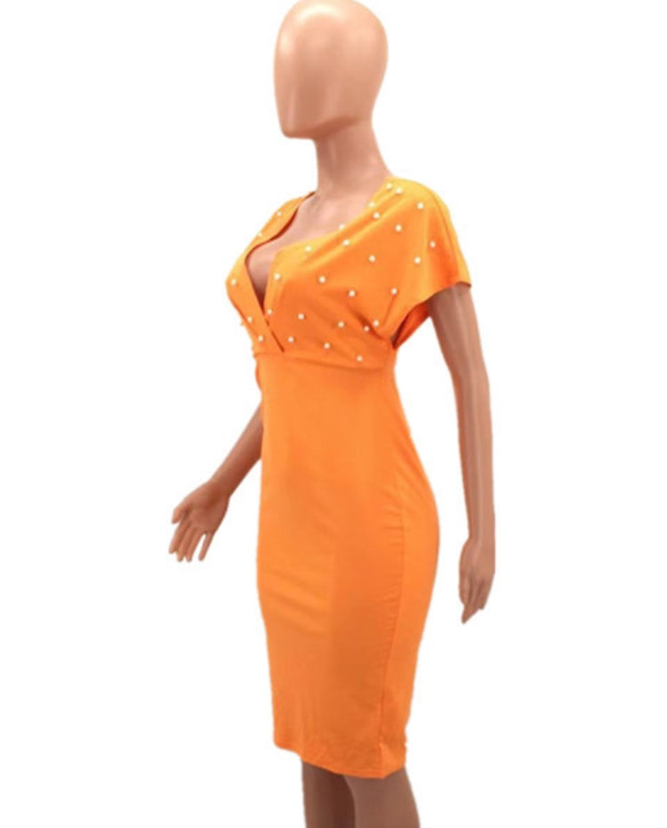 BamBam Autumn Orange Beaded V-Neck Midi Cocktail Dress - BamBam