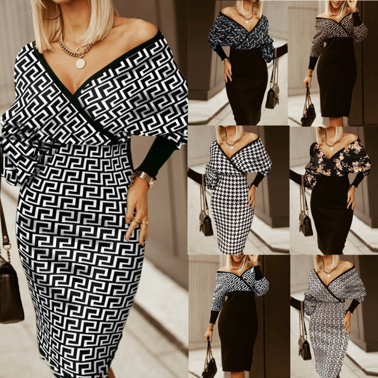 BamBam Winter Sexy Print Contrast Black Deep V Neck Long Sleeve Midi Dress - BamBam