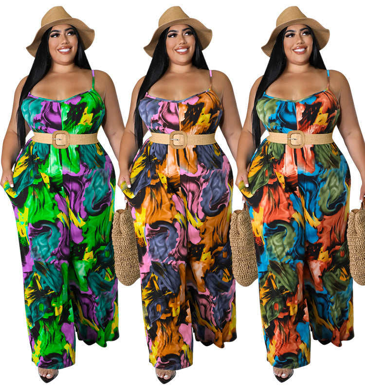 BamBam Plus Size Women Summer Straps Fashion Print With Belt Jumpsuit - BamBam Clothing